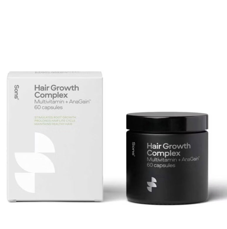 Sons Hair Growth Complex Multivitamin + AnaGein 60 capsules, shown with its white outer box and a black jar on a clean white background.