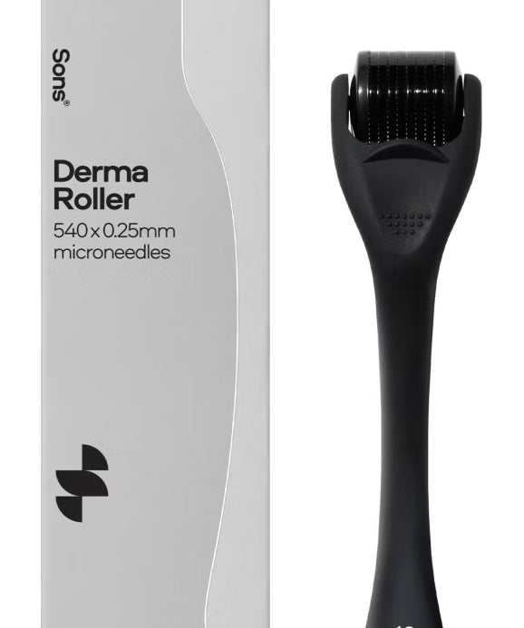 Sons Derma Roller 540 x 0.25mm microneedles shown next to its white and gray retail packaging box on a clean white background.