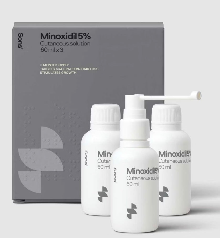 Soni Minoxidil 5% cutaneous solution kit with a gray 60ml x 3 box and three white bottles (one pump bottle, two dropper bottles) on a light gray background.
