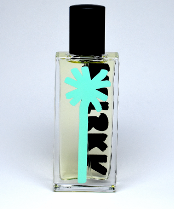 A rectangular clear glass perfume bottle with a black cap, filled with pale yellow liquid and decorated with a turquoise palm tree graphic and black lettering on the front, set against a plain light gray background.