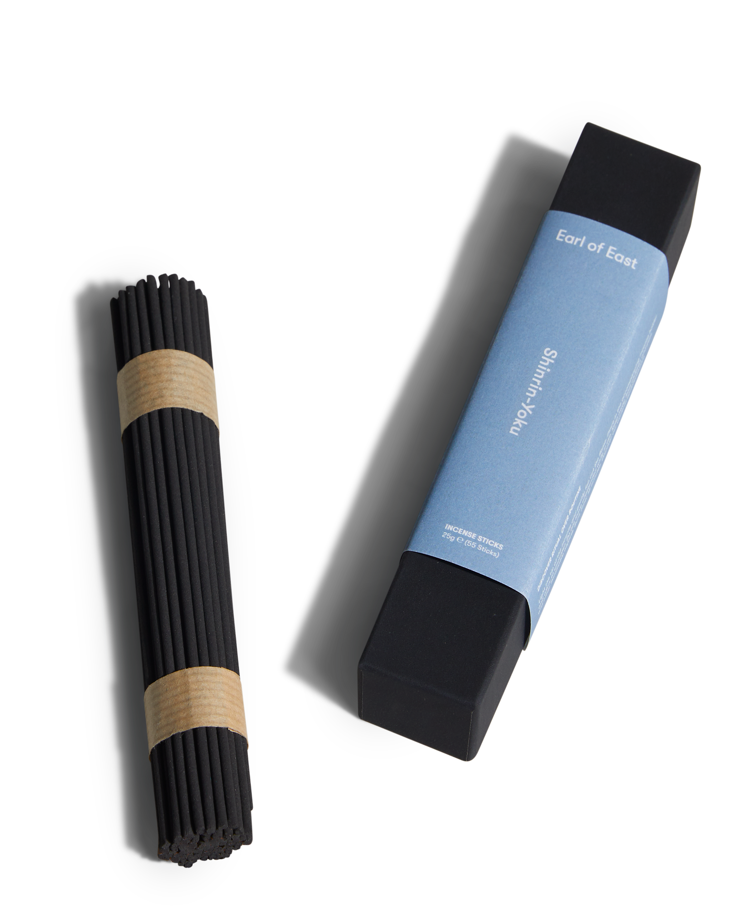 Two incense products on a white background, one black and one blue with branding.